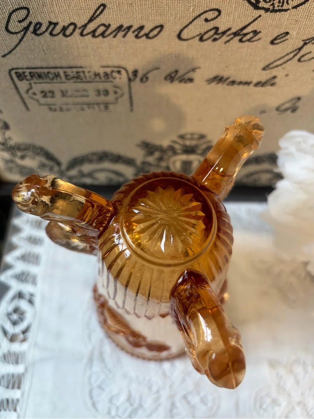 Westmoreland Amber glass footed vase seashells vintage coastal retro  beach deco